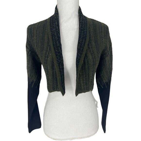 Sarah Pacini Alpaca Blend Green and Black Striped Cropped Cardigan Sweater - Picture 4 of 11
